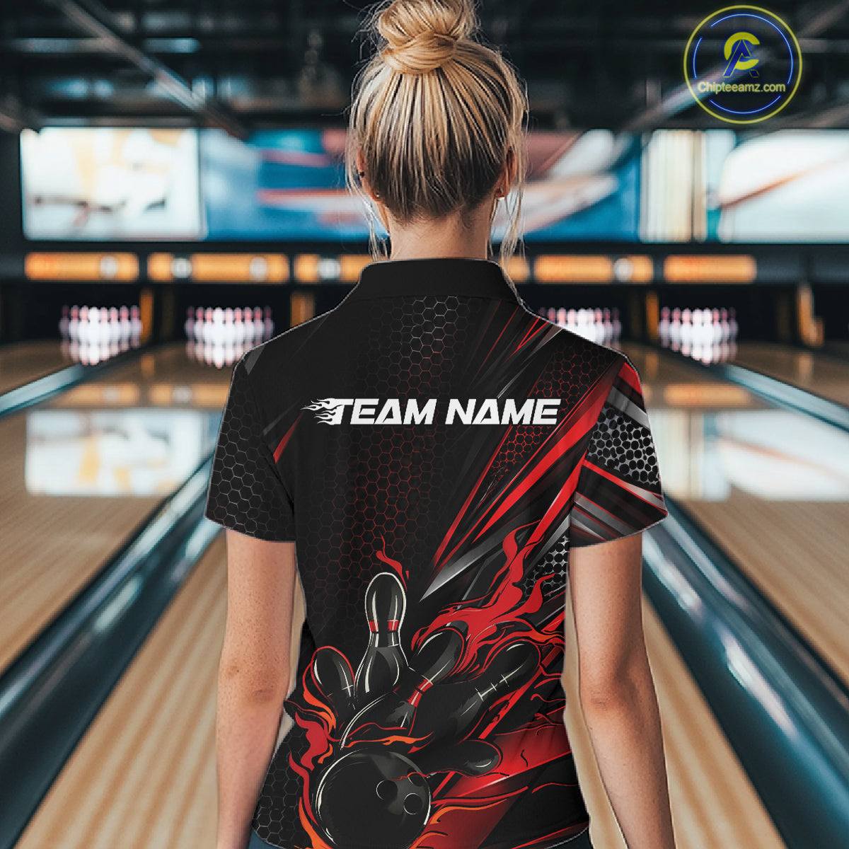 Custom Black And Red Flame Bowling Team Women Polo Shirt, Bowling League Shirt IPHW12202