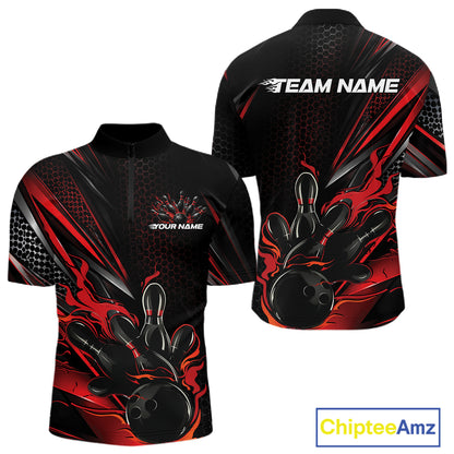 Custom Black And Red Flame Bowling Team Men Quarter Zip Shirt, Bowling League Shirt IPHW12202