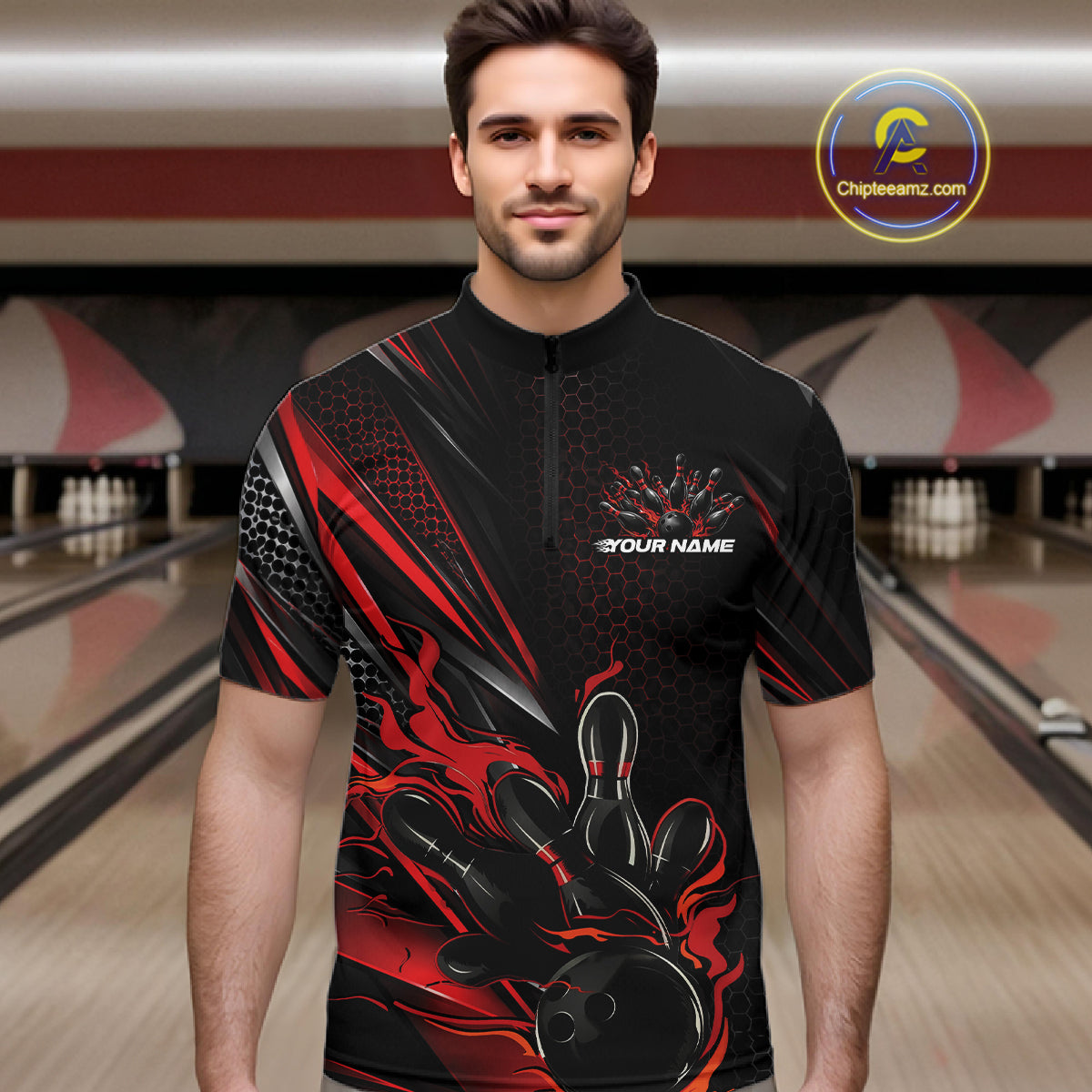 Custom Black And Red Flame Bowling Team Men Quarter Zip Shirt, Bowling League Shirt IPHW12202