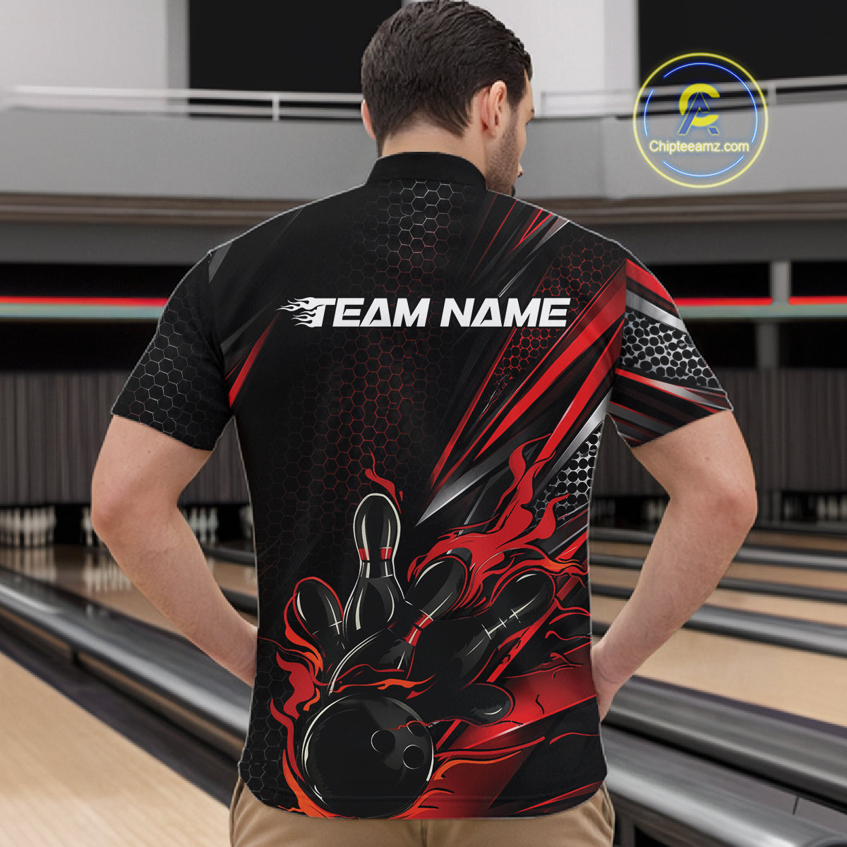 Custom Black And Red Flame Bowling Team Men Quarter Zip Shirt, Bowling League Shirt IPHW12202