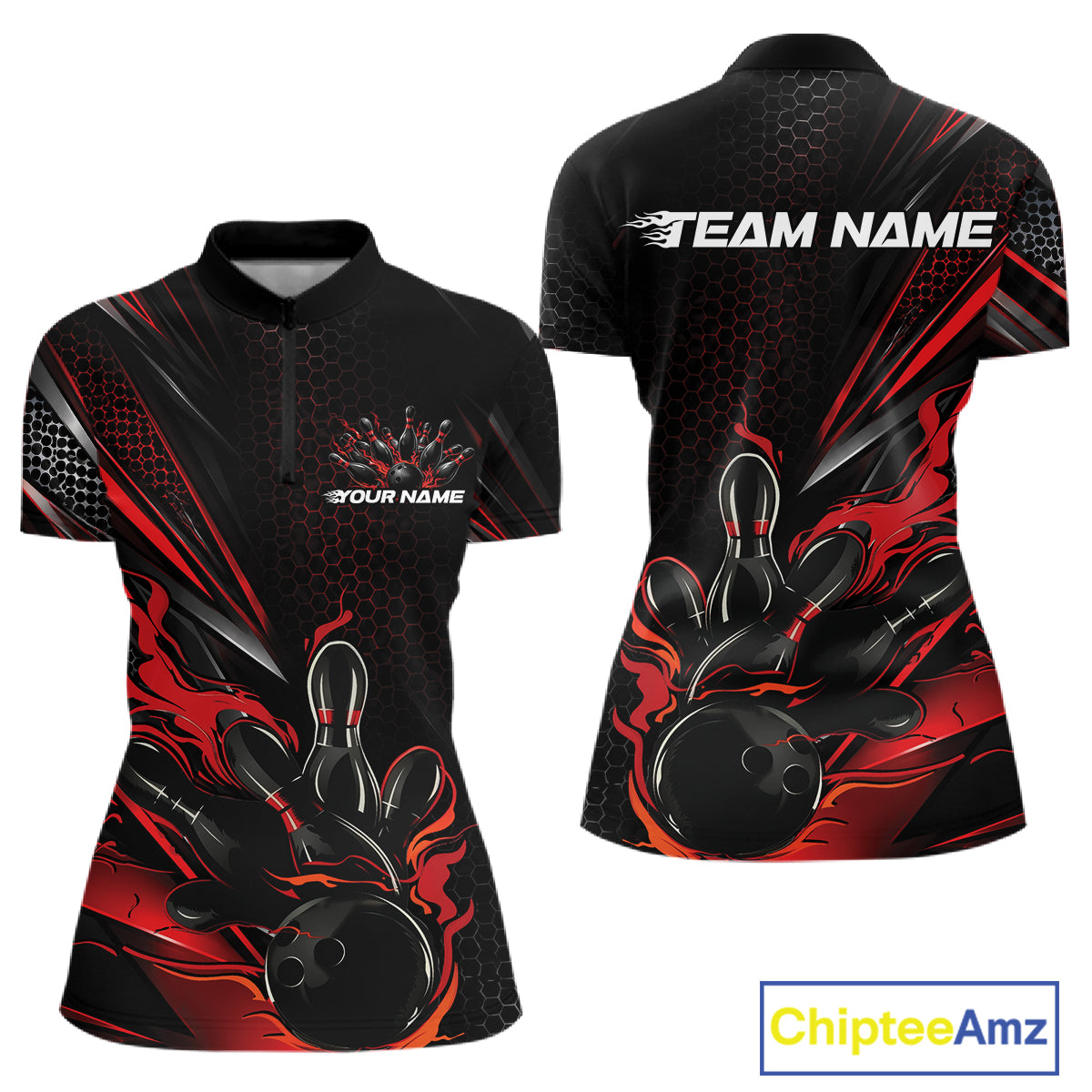 Custom Black And Red Flame Bowling Team Women Quarter-Zip Shirt, Bowling League Shirt IPHW12202