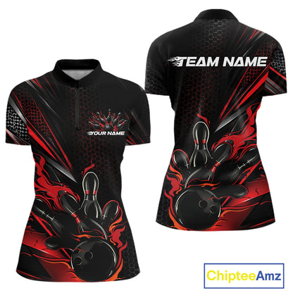 Custom Black And Red Flame Bowling Team Women Quarter-Zip Shirt, Bowling League Shirt IPHW12202
