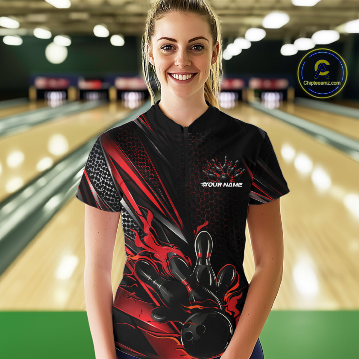 Custom Black And Red Flame Bowling Team Women Quarter-Zip Shirt, Bowling League Shirt IPHW12202