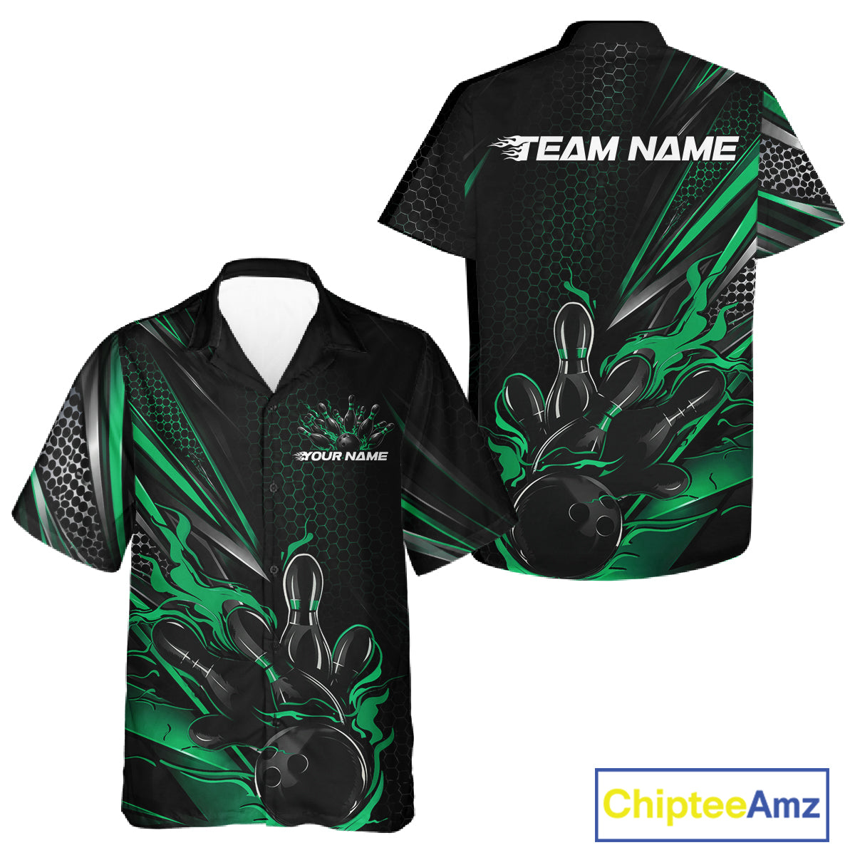 Custom Black And Green Flame Bowling Team Men And Women Button Up Shirt, Bowling League Shirt IPHW12203