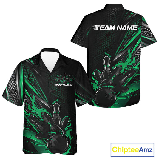 Custom Black And Green Flame Bowling Team Men And Women Button Up Shirt, Bowling League Shirt IPHW12203