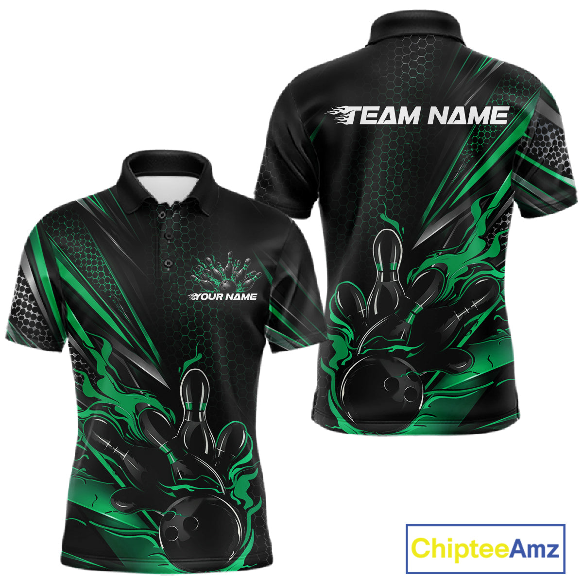 Custom Black And Green Flame Bowling Team Men Polo Shirt, Bowling League Shirt IPHW12203