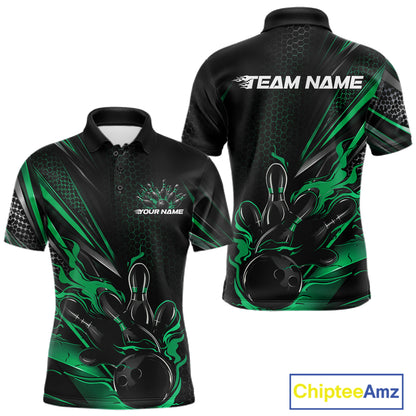Custom Black And Green Flame Bowling Team Men Polo Shirt, Bowling League Shirt IPHW12203
