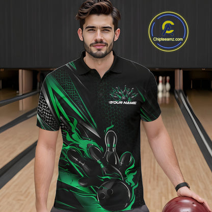 Custom Black And Green Flame Bowling Team Men Polo Shirt, Bowling League Shirt IPHW12203