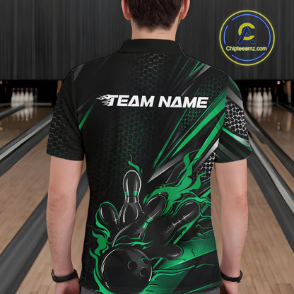 Custom Black And Green Flame Bowling Team Men Polo Shirt, Bowling League Shirt IPHW12203