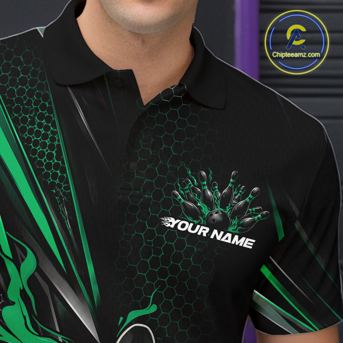 Custom Black And Green Flame Bowling Team Men Polo Shirt, Bowling League Shirt IPHW12203