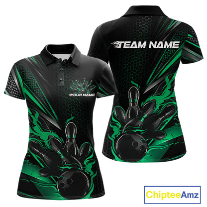 Custom Black And Green Flame Bowling Team Women Polo Shirt, Bowling League Shirt IPHW12203