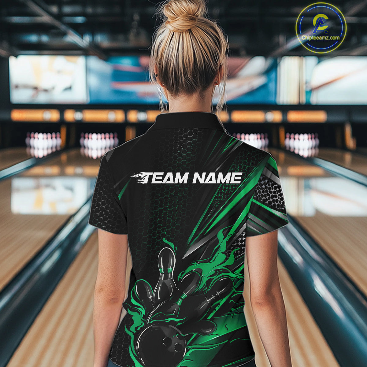 Custom Black And Green Flame Bowling Team Women Polo Shirt, Bowling League Shirt IPHW12203