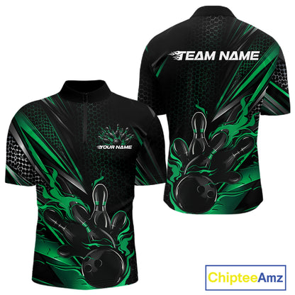 Custom Black And Green Flame Bowling Team Men Quarter Zip Shirt, Bowling League Shirt IPHW12203