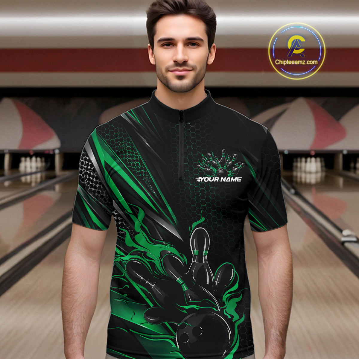 Custom Black And Green Flame Bowling Team Men Quarter Zip Shirt, Bowling League Shirt IPHW12203