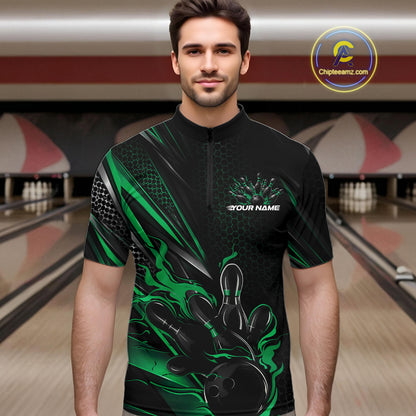Custom Black And Green Flame Bowling Team Men Quarter Zip Shirt, Bowling League Shirt IPHW12203