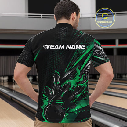 Custom Black And Green Flame Bowling Team Men Quarter Zip Shirt, Bowling League Shirt IPHW12203