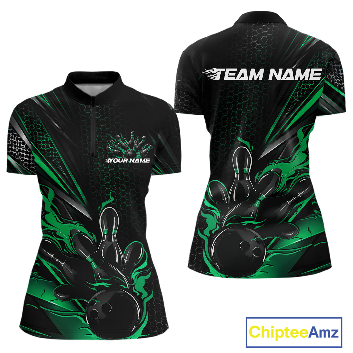 Custom Black And Green Flame Bowling Team Women Quarter-Zip Shirt, Bowling League Shirt IPHW12203