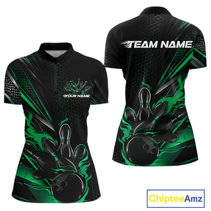 Custom Black And Green Flame Bowling Team Women Quarter-Zip Shirt, Bowling League Shirt IPHW12203