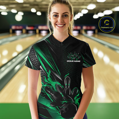 Custom Black And Green Flame Bowling Team Women Quarter-Zip Shirt, Bowling League Shirt IPHW12203