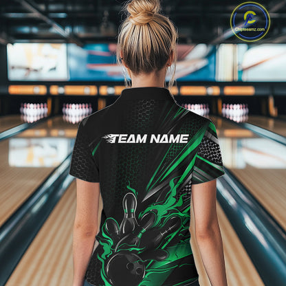 Custom Black And Green Flame Bowling Team Women Quarter-Zip Shirt, Bowling League Shirt IPHW12203