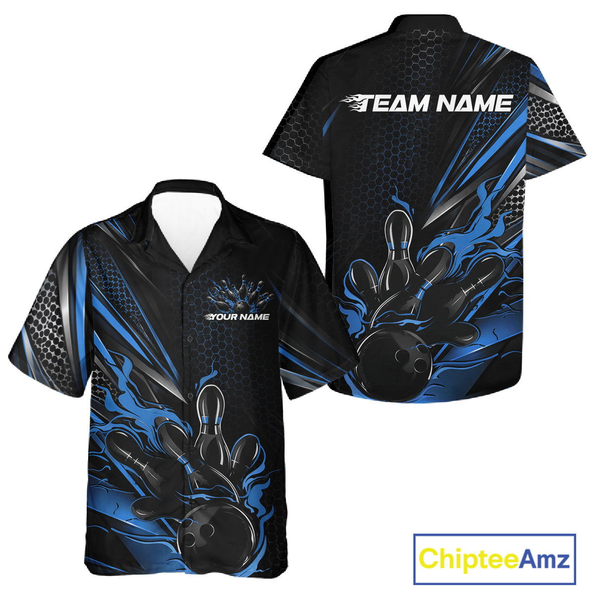Custom Black And Blue Flame Bowling Team Men And Women Button Up Shirt, Bowling League Shirt IPHW12204