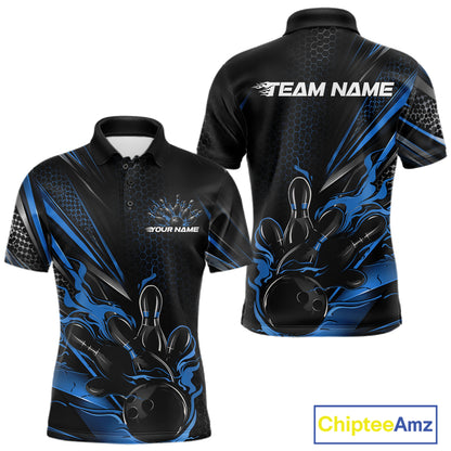 Custom Black And Blue Flame Bowling Team Men Polo Shirt, Bowling League Shirt IPHW12204