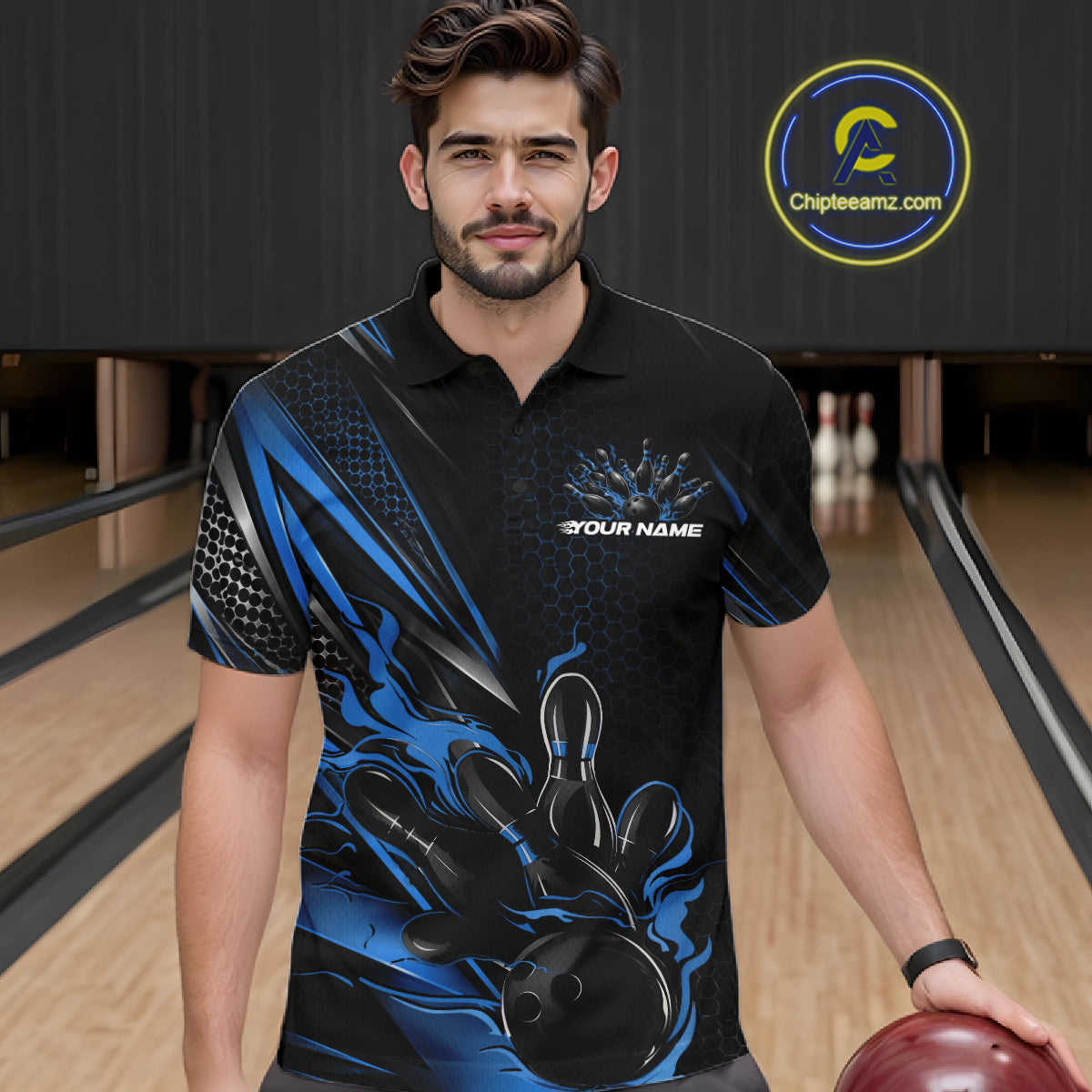 Custom Black And Blue Flame Bowling Team Men Polo Shirt, Bowling League Shirt IPHW12204