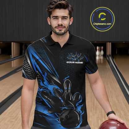 Custom Black And Blue Flame Bowling Team Men Polo Shirt, Bowling League Shirt IPHW12204