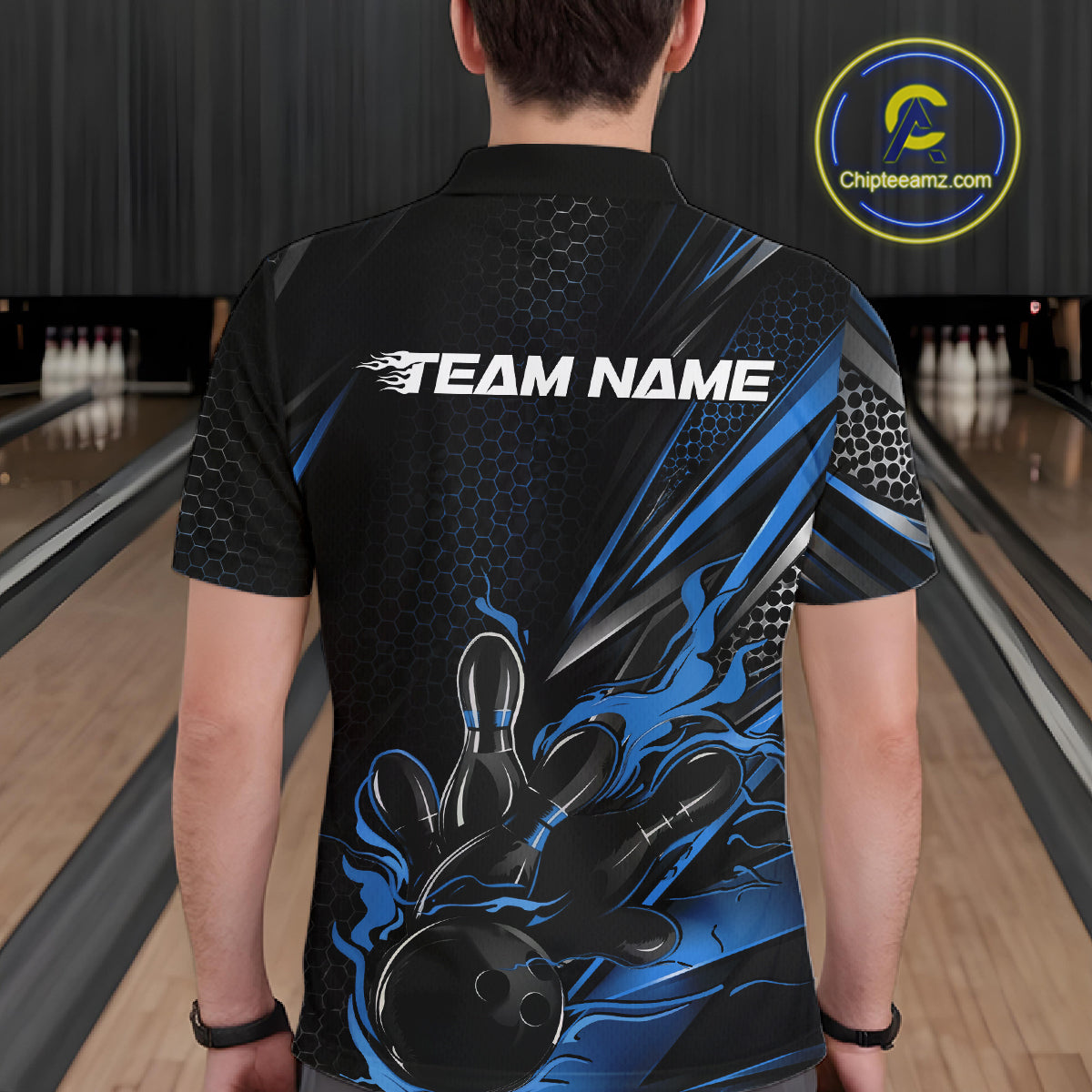 Custom Black And Blue Flame Bowling Team Men Polo Shirt, Bowling League Shirt IPHW12204