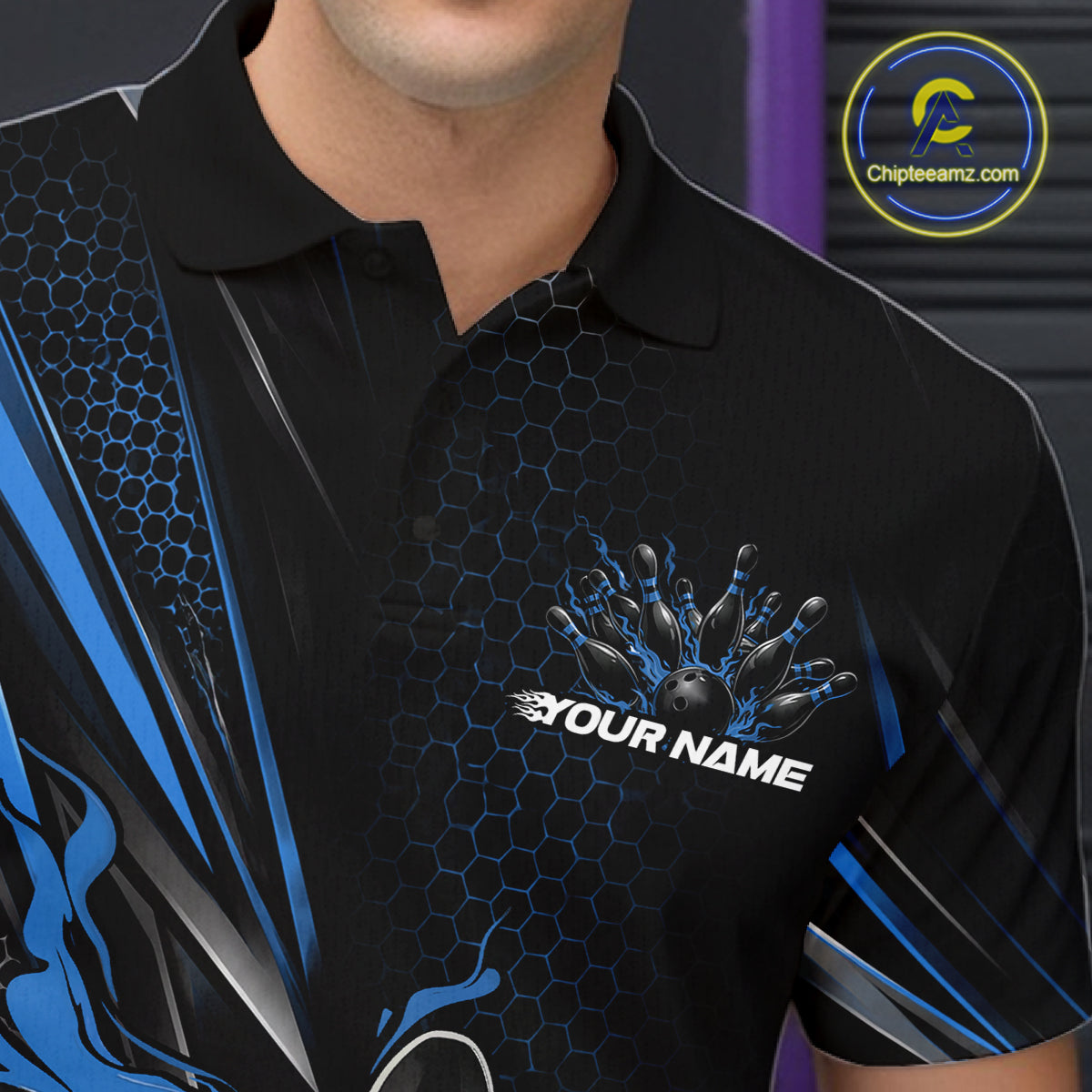 Custom Black And Blue Flame Bowling Team Men Polo Shirt, Bowling League Shirt IPHW12204