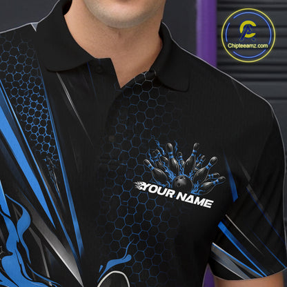 Custom Black And Blue Flame Bowling Team Men Polo Shirt, Bowling League Shirt IPHW12204