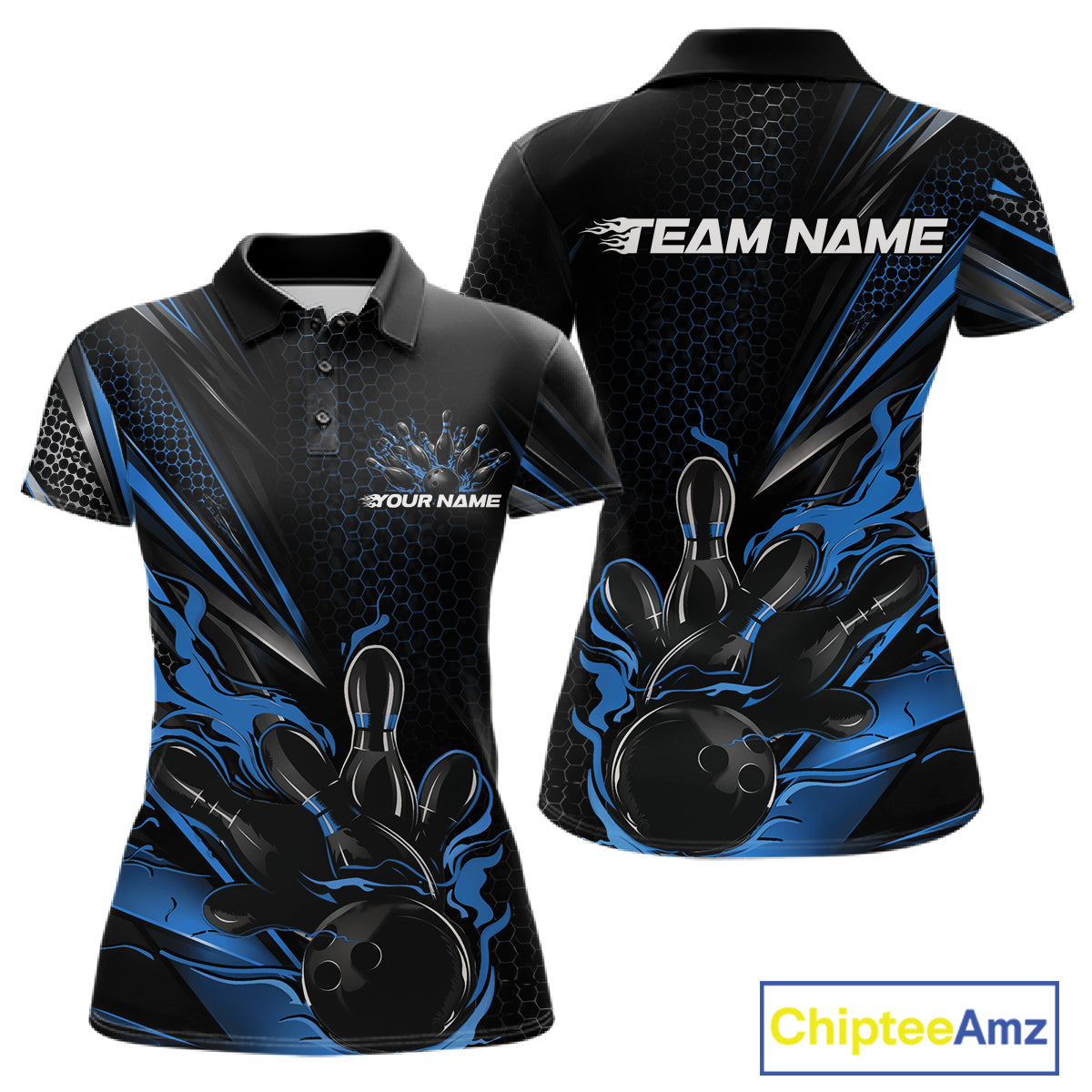 Custom Black And Blue Flame Bowling Team Women Polo Shirt, Bowling League Shirt IPHW12204
