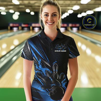 Custom Black And Blue Flame Bowling Team Women Polo Shirt, Bowling League Shirt IPHW12204
