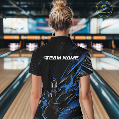 Custom Black And Blue Flame Bowling Team Women Polo Shirt, Bowling League Shirt IPHW12204