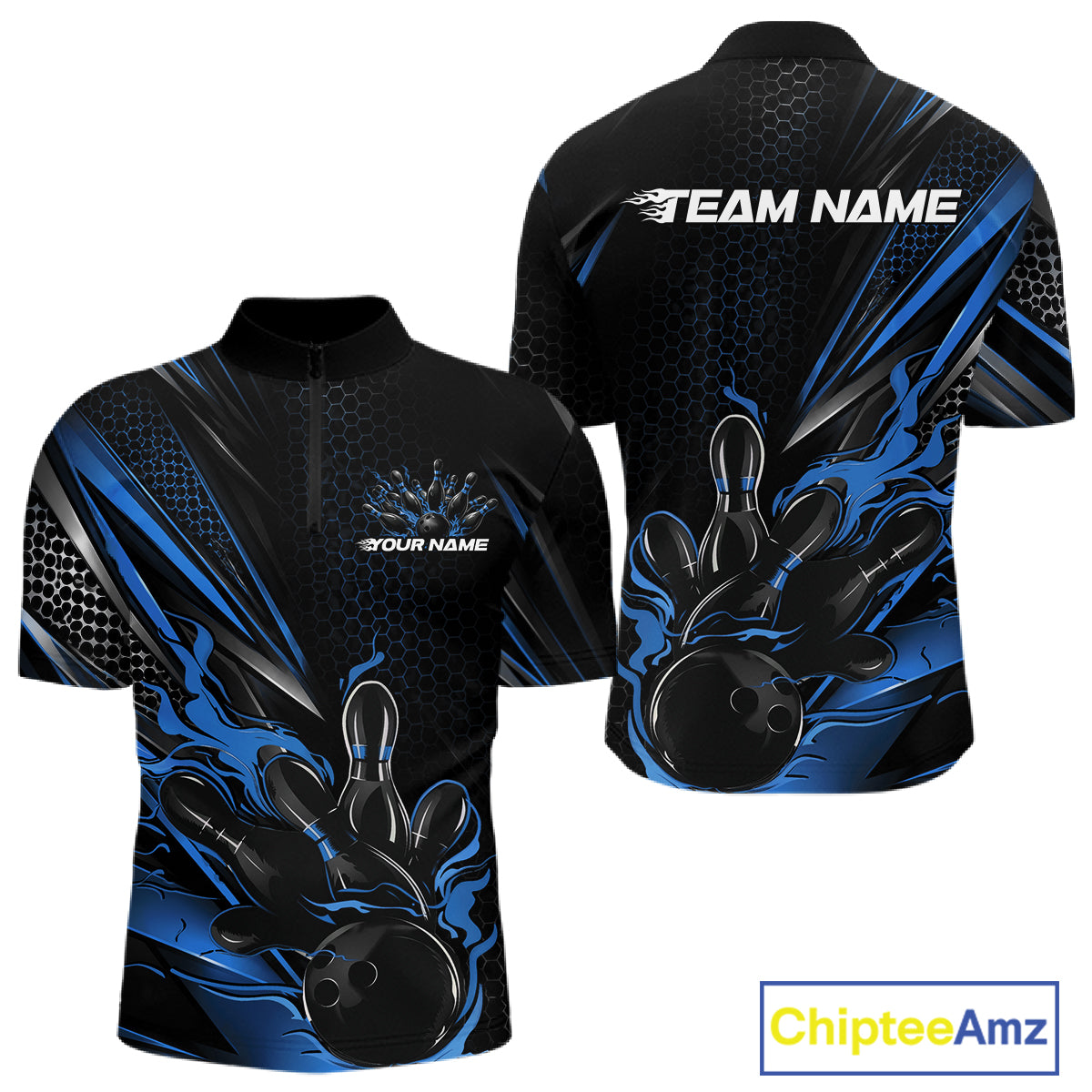Custom Black And Blue Flame Bowling Team Men Quarter Zip Shirt, Bowling League Shirt IPHW12204
