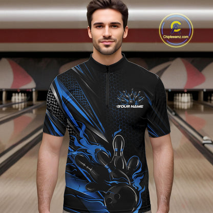 Custom Black And Blue Flame Bowling Team Men Quarter Zip Shirt, Bowling League Shirt IPHW12204