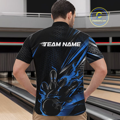 Custom Black And Blue Flame Bowling Team Men Quarter Zip Shirt, Bowling League Shirt IPHW12204