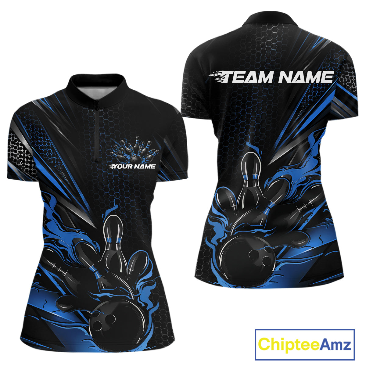 Custom Black And Blue Flame Bowling Team Women Quarter-Zip Shirt, Bowling League Shirt IPHW12204