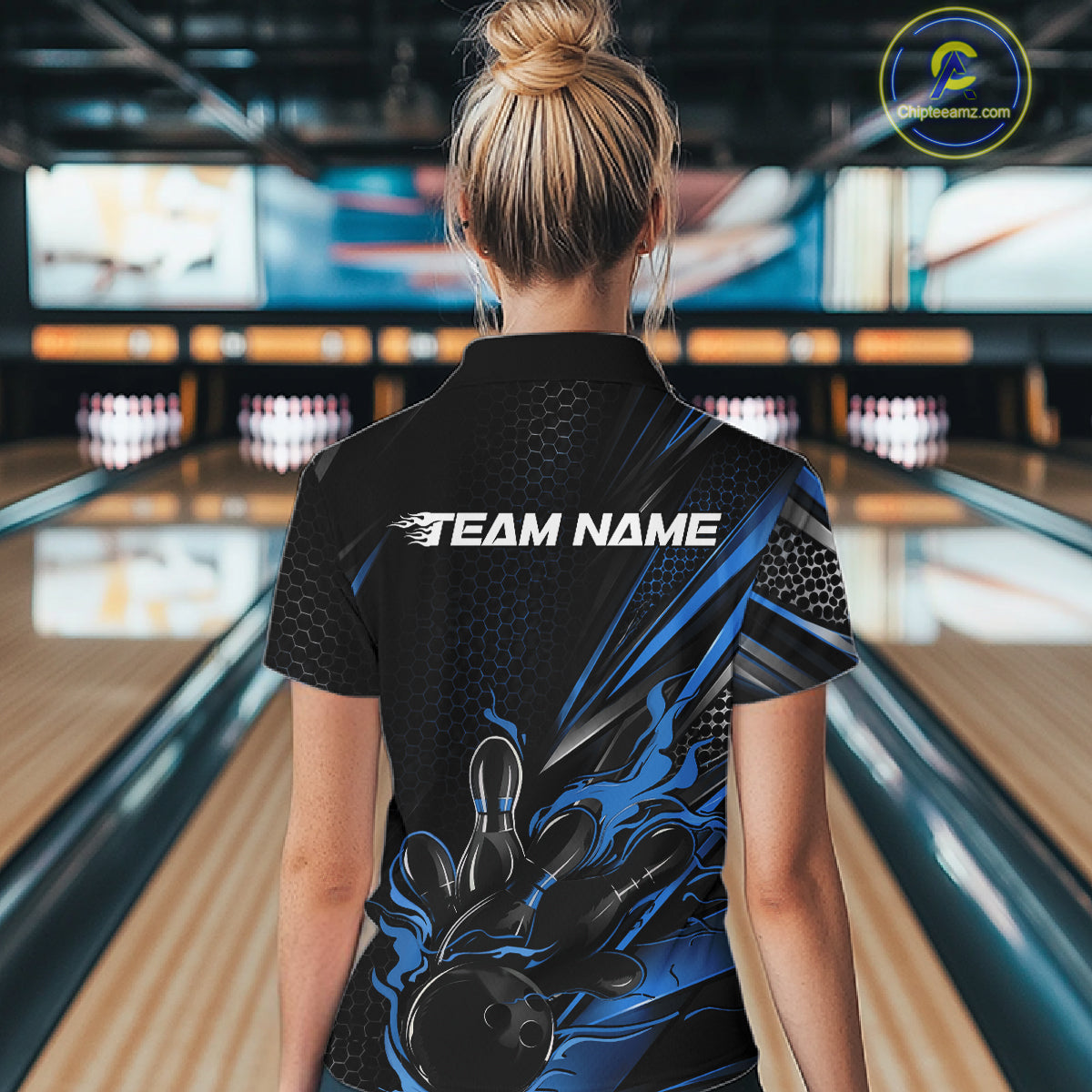 Custom Black And Blue Flame Bowling Team Women Quarter-Zip Shirt, Bowling League Shirt IPHW12204