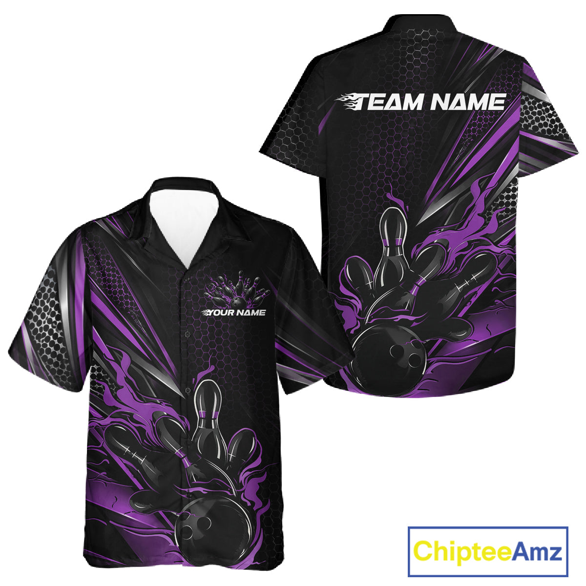 Custom Black And Purple Flame Bowling Team Men And Women Button Up Shirt, Bowling League Shirt IPHW12205