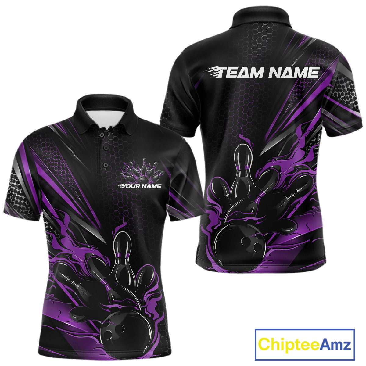 Custom Black And Purple Flame Bowling Team Men Polo Shirt, Bowling League Shirt IPHW12205