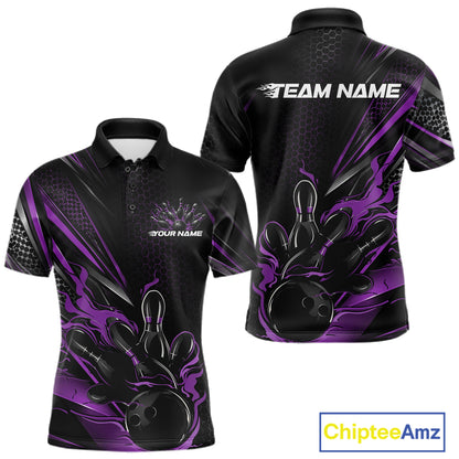 Custom Black And Purple Flame Bowling Team Men Polo Shirt, Bowling League Shirt IPHW12205