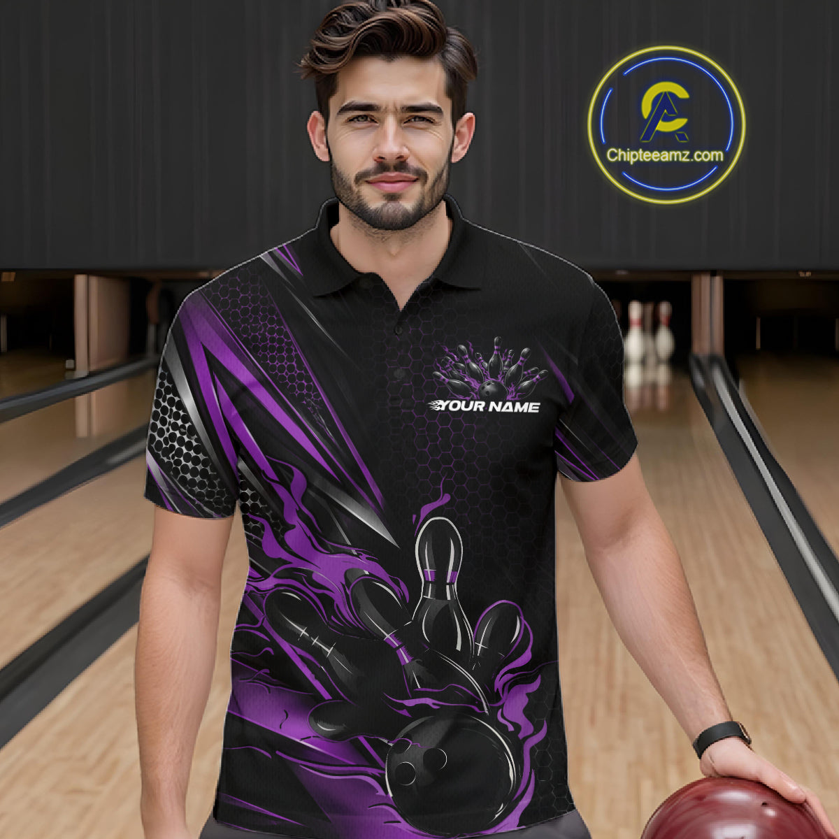Custom Black And Purple Flame Bowling Team Men Polo Shirt, Bowling League Shirt IPHW12205
