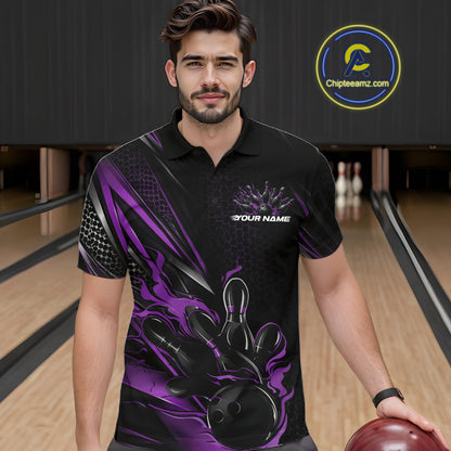 Custom Black And Purple Flame Bowling Team Men Polo Shirt, Bowling League Shirt IPHW12205