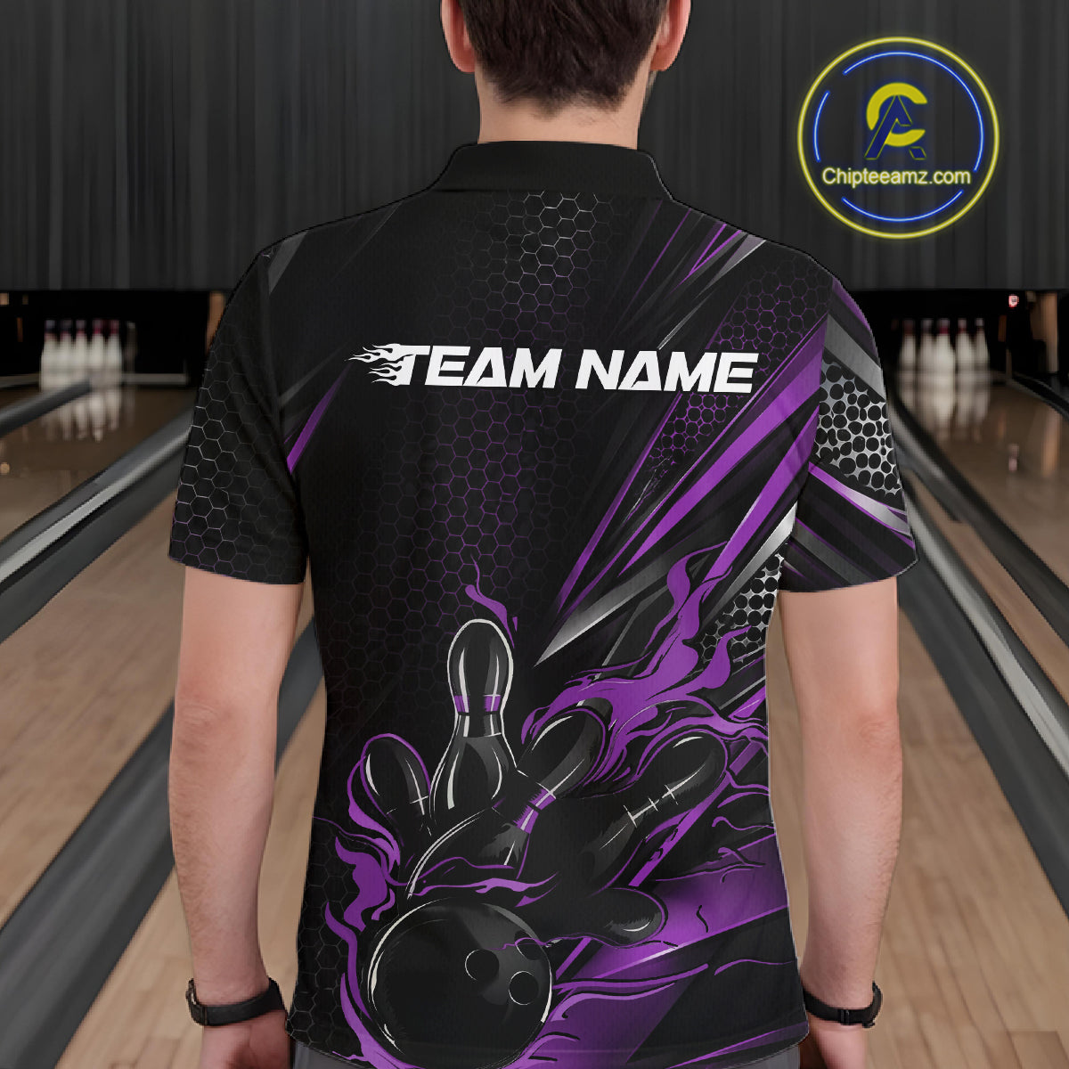 Custom Black And Purple Flame Bowling Team Men Polo Shirt, Bowling League Shirt IPHW12205