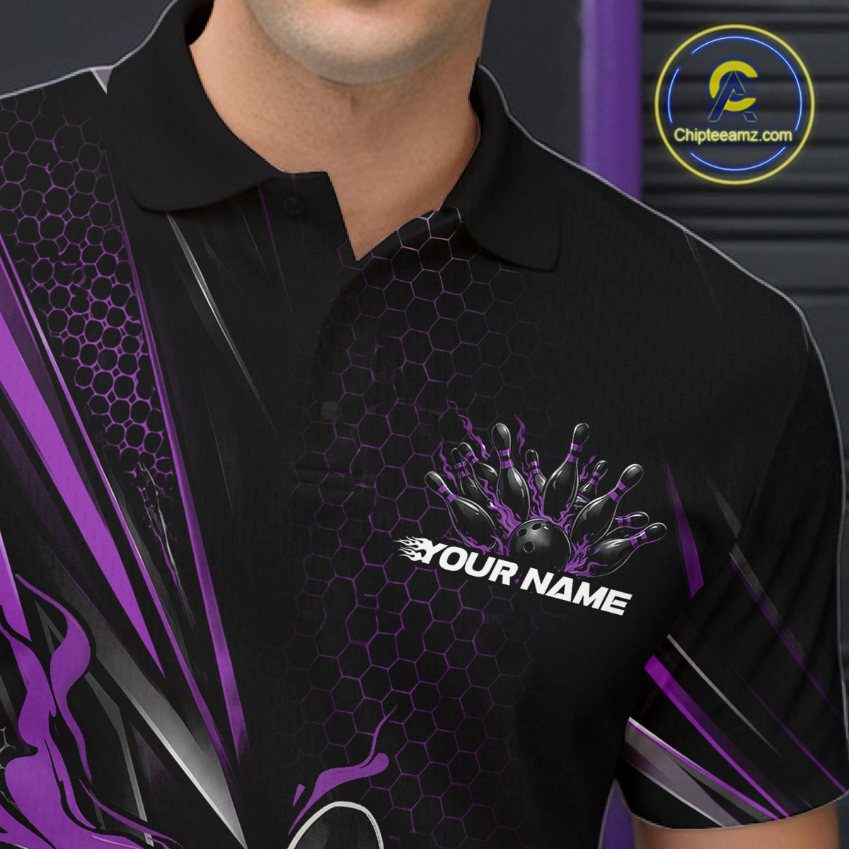 Custom Black And Purple Flame Bowling Team Men Polo Shirt, Bowling League Shirt IPHW12205