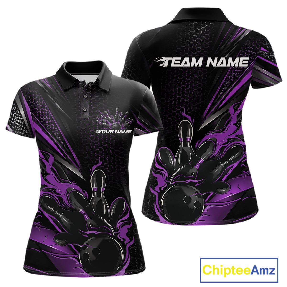 Custom Black And Purple Flame Bowling Team Women Polo Shirt, Bowling League Shirt IPHW12205