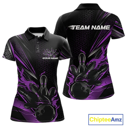 Custom Black And Purple Flame Bowling Team Women Polo Shirt, Bowling League Shirt IPHW12205