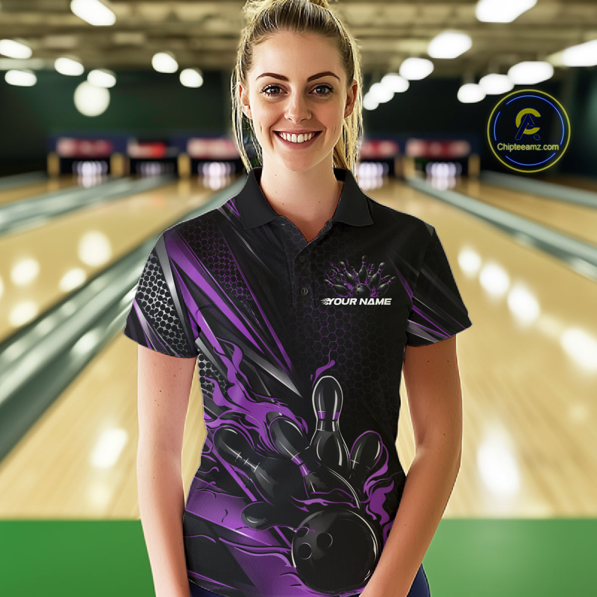 Custom Black And Purple Flame Bowling Team Women Polo Shirt, Bowling League Shirt IPHW12205
