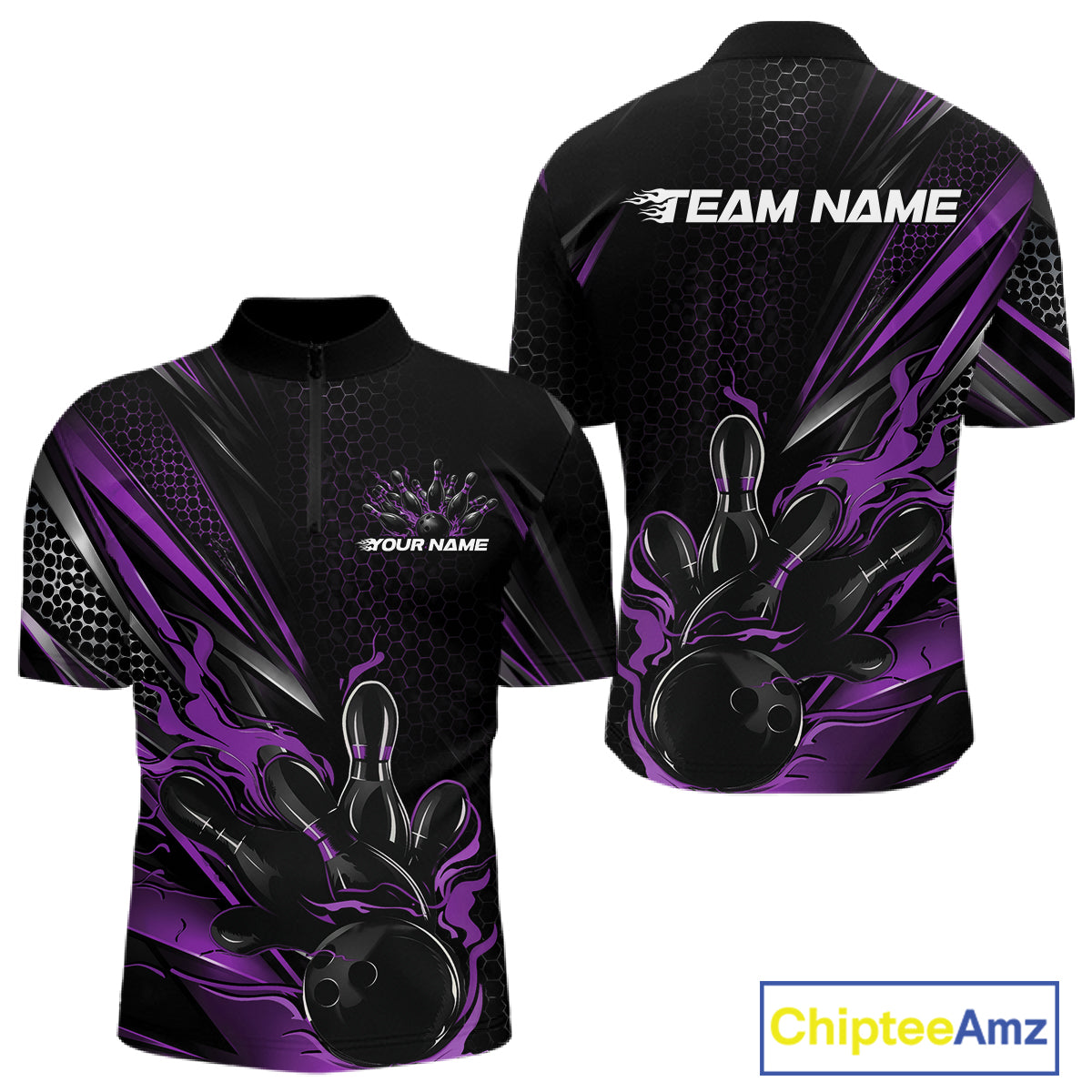 Custom Black And Purple Flame Bowling Team Men Quarter Zip Shirt, Bowling League Shirt IPHW12205